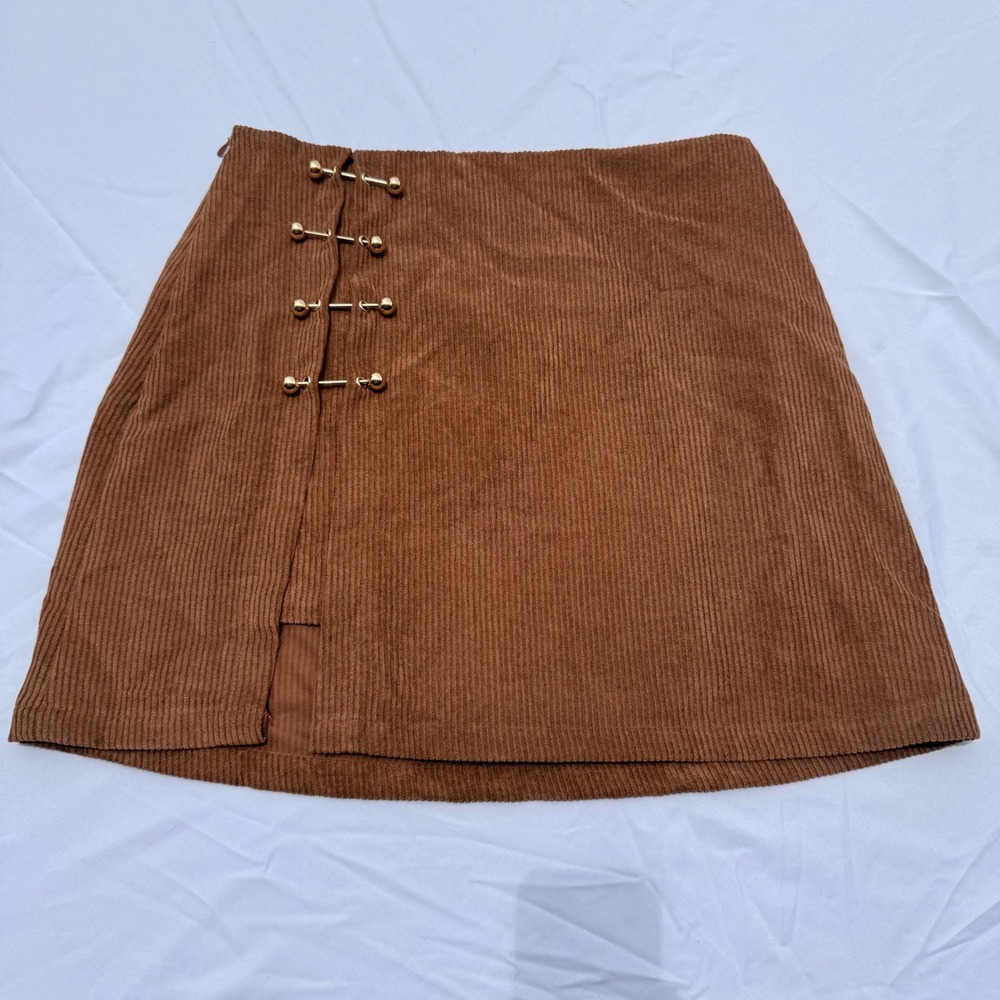 MOD Brown Corduroy Fall  Mini Skirt Gold Toggle Slit High Waist‎ Size M